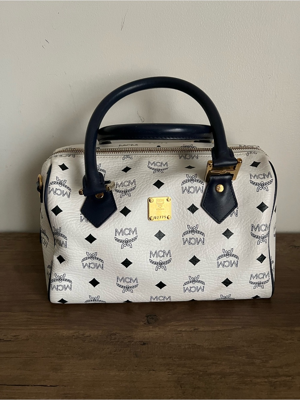 MCM White Satchel with Navy Handles and Gold Plaque